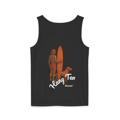 Personalized black surfing tank top featuring a man and dog with 'Hang Ten' design.