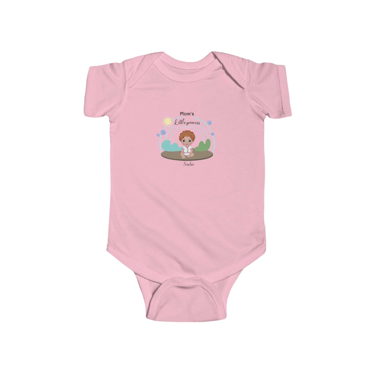 Customizable pink infant bodysuit with cute graphic design, perfect for newborns and baby gifts.