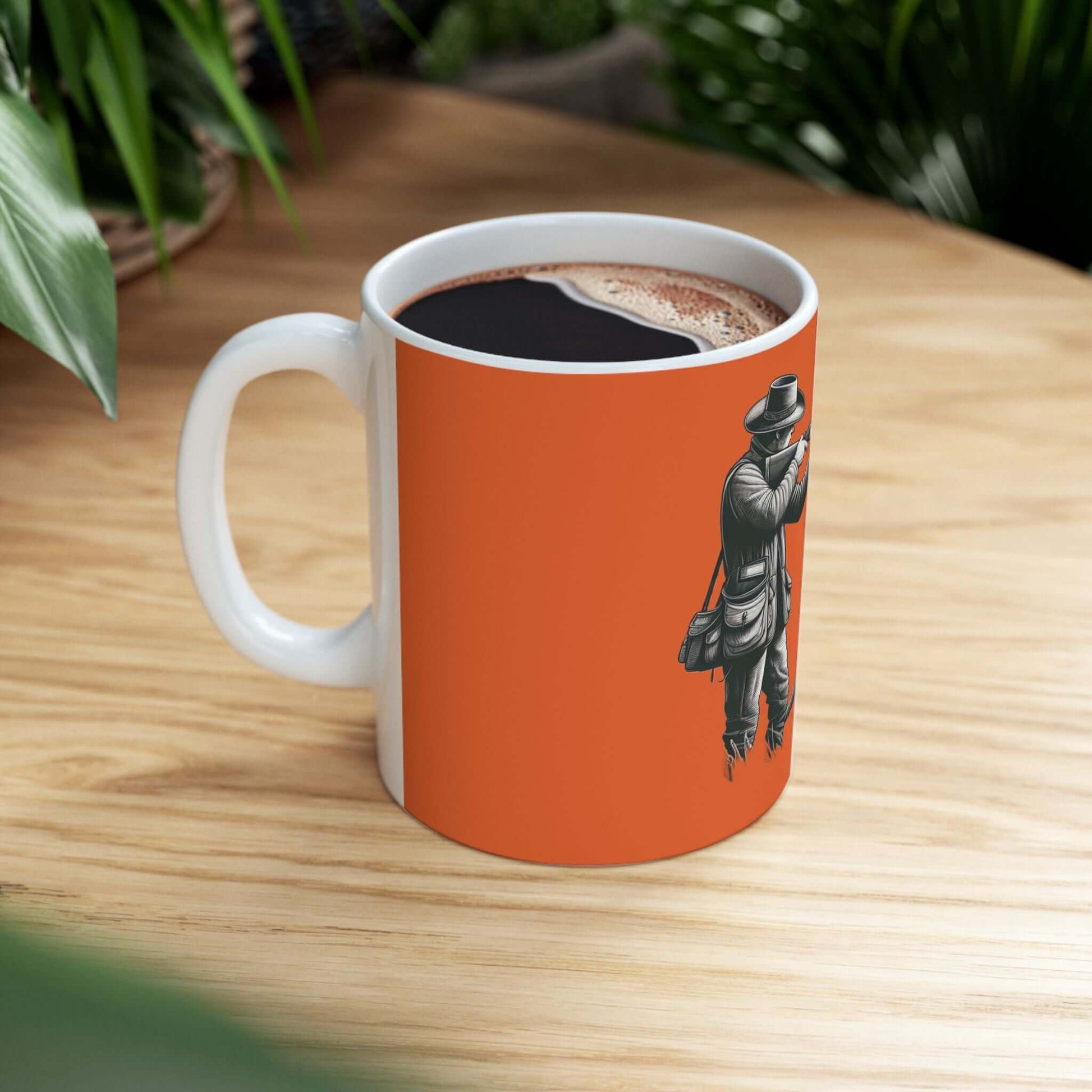 Personalized orange hunting mug with outdoor design, perfect for coffee lovers and adventurers.
