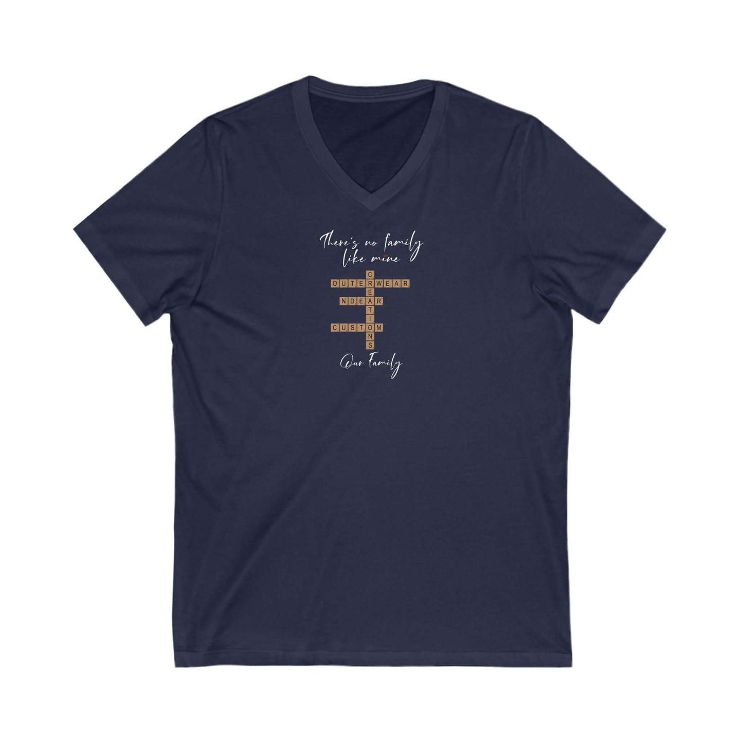 Customizable navy family quote t-shirt with v-neck design, featuring heartfelt message about family.