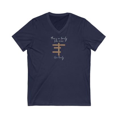 Customizable navy family quote t-shirt with v-neck design, featuring heartfelt message about family.
