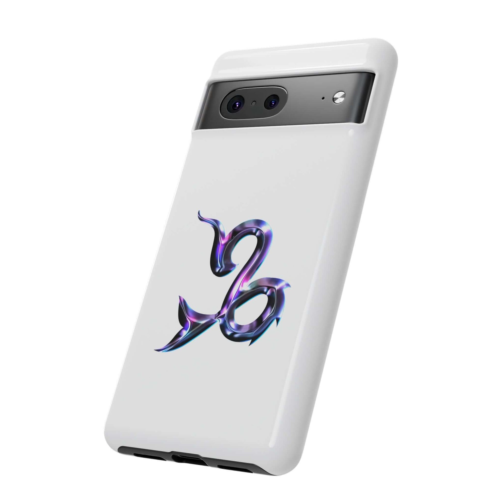 Personalized Zodiac phone case featuring a colorful Capricorn design on a sleek white background.