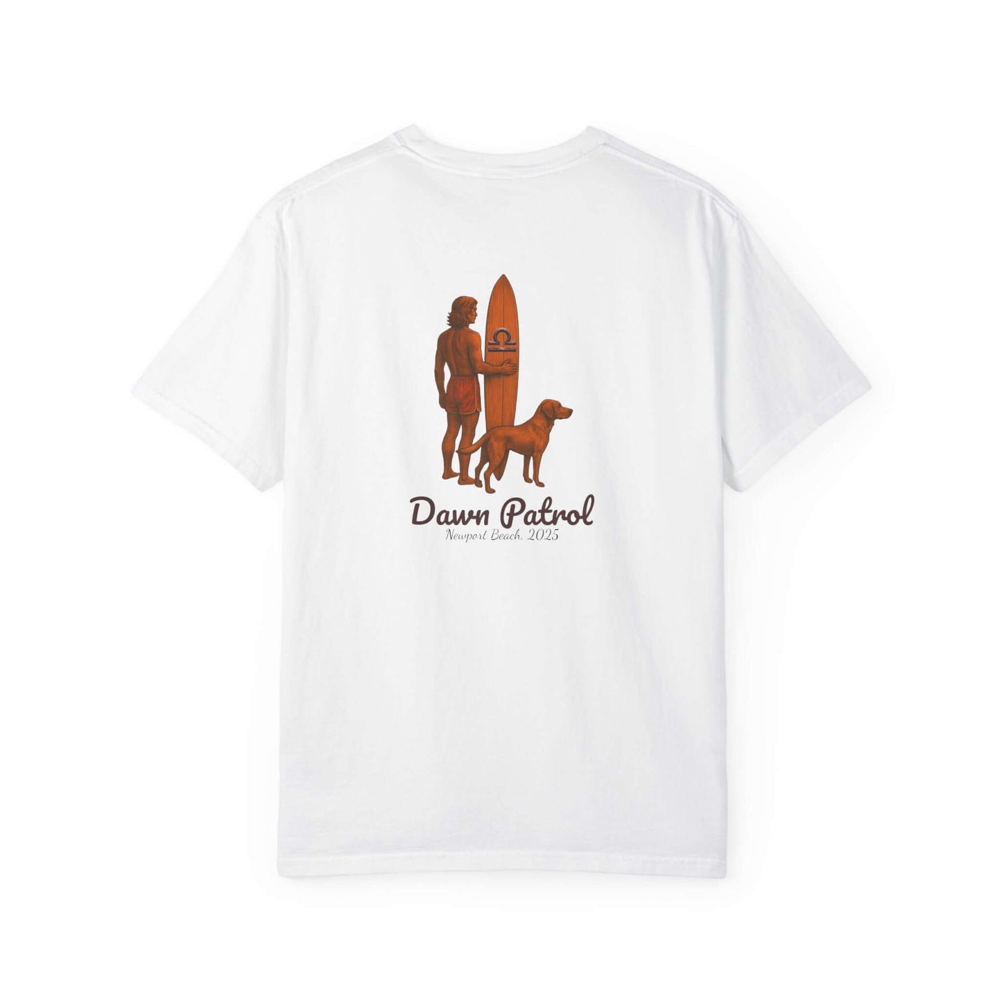 Back view of a white t-shirt featuring a surfer and dog graphic with 'Dawn Patrol' text.