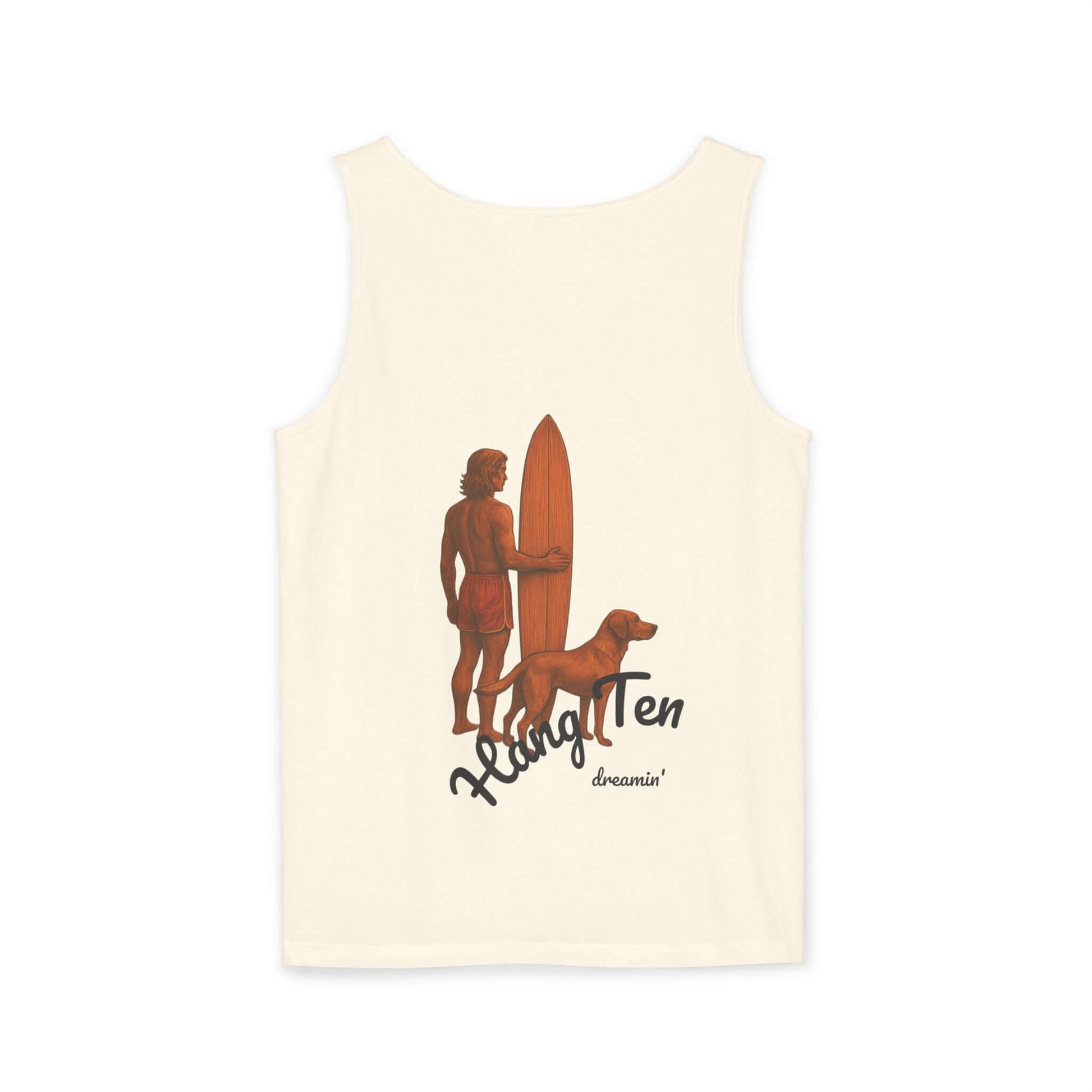 Personalized surfing tank top featuring a surfer and dog, perfect for beach lovers and outdoor adventurers.