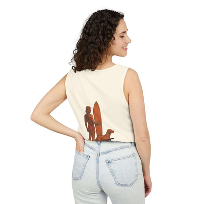Woman in a personalized surfing tank top with a surfboard and dog design, perfect for beach lovers.