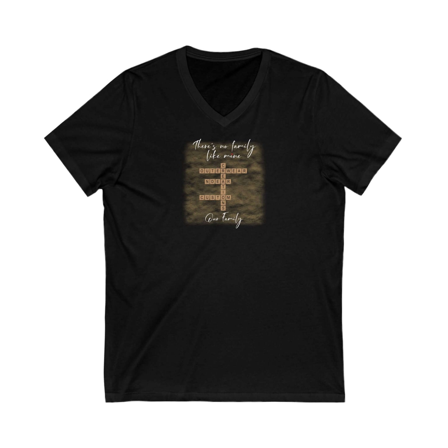 Customizable family quote t-shirt in black with a v-neck design, featuring a sentimental family message.