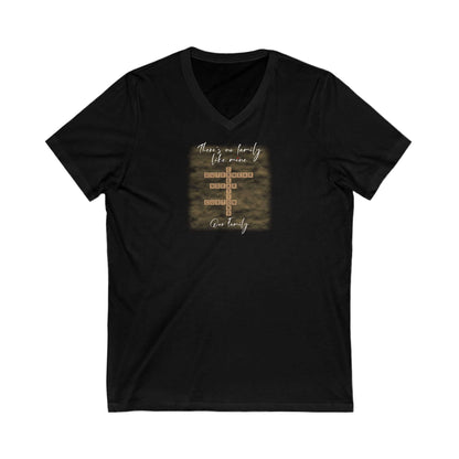 Customizable family quote t-shirt in black with a v-neck design, featuring a sentimental family message.