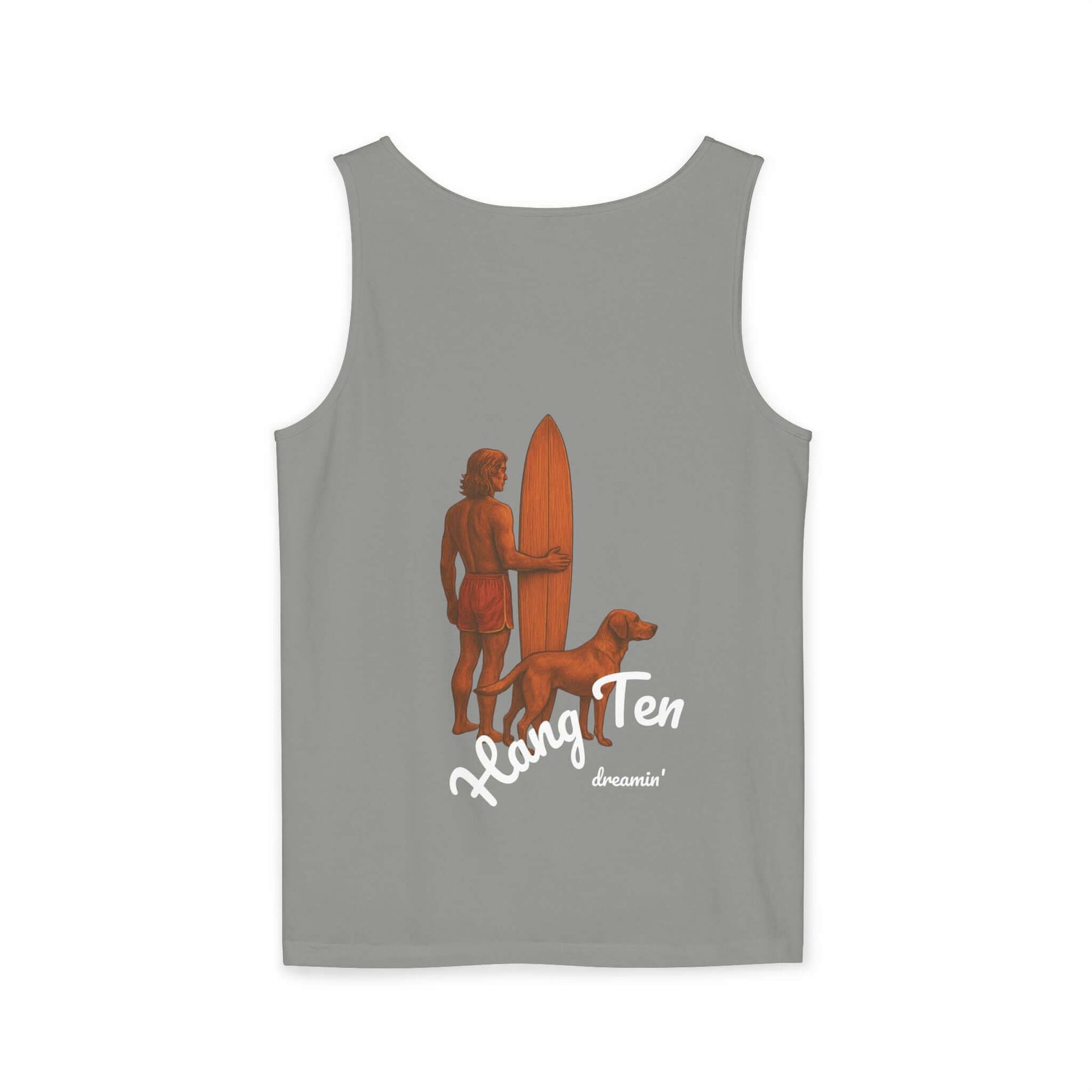 Personalized grey surfing tank top featuring a surfer and dog with 'Hang Ten' text.