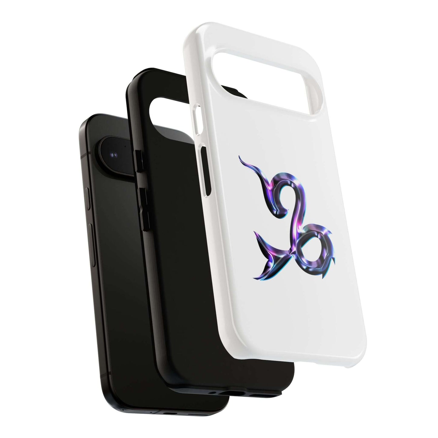 Personalized Zodiac phone case featuring colorful Capricorn design against black and white backgrounds.