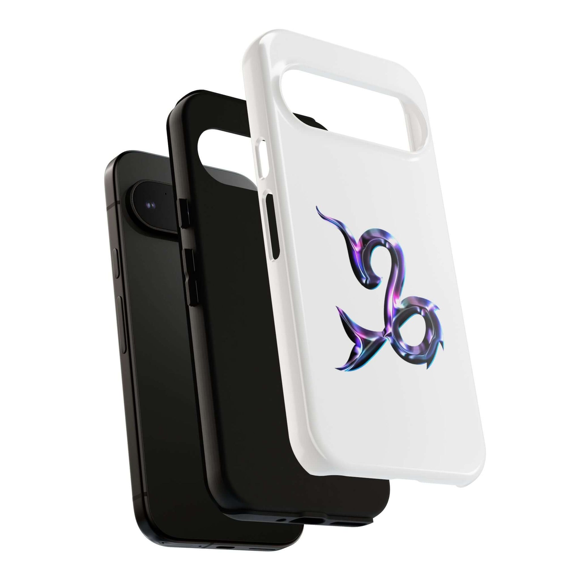 Personalized Zodiac phone case featuring colorful Capricorn design against black and white backgrounds.