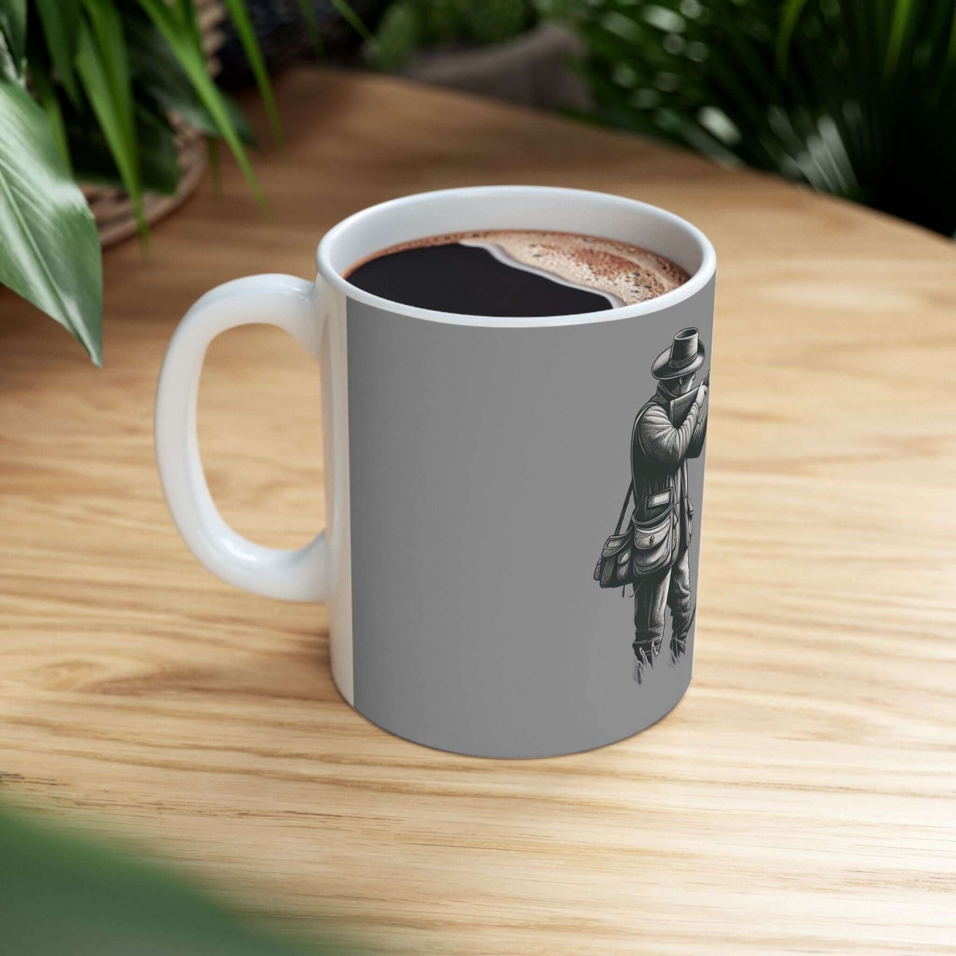 Personalized gray hunting enthusiast mug featuring a stylish design, perfect for coffee lovers and adventurers.