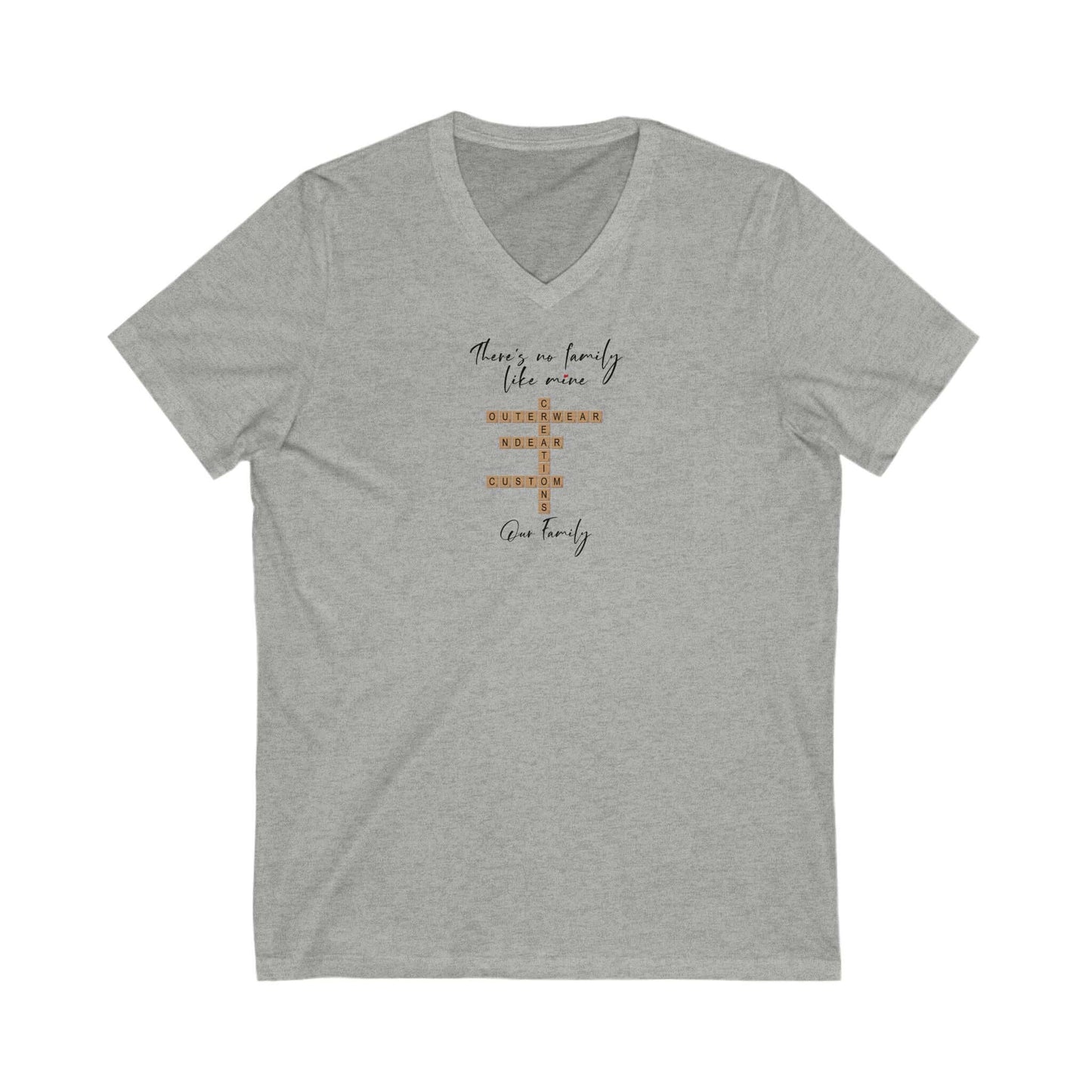 Customizable family quote t-shirt in gray with v-neck, highlighting meaningful family sentiment.