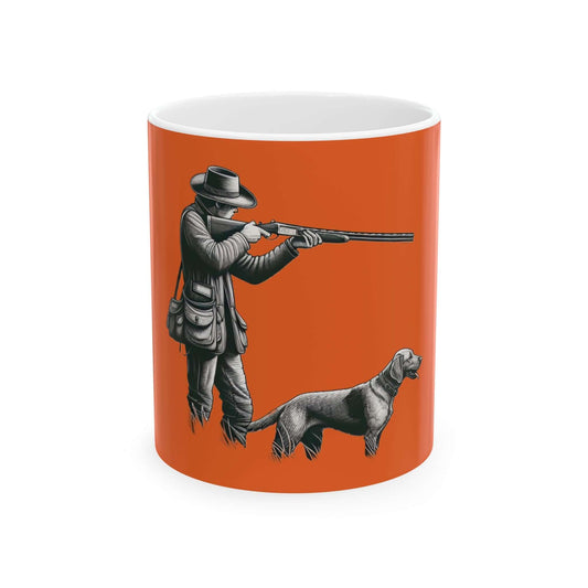 Personalized orange hunting mug featuring a hunter and dog design, perfect for outdoor enthusiasts.