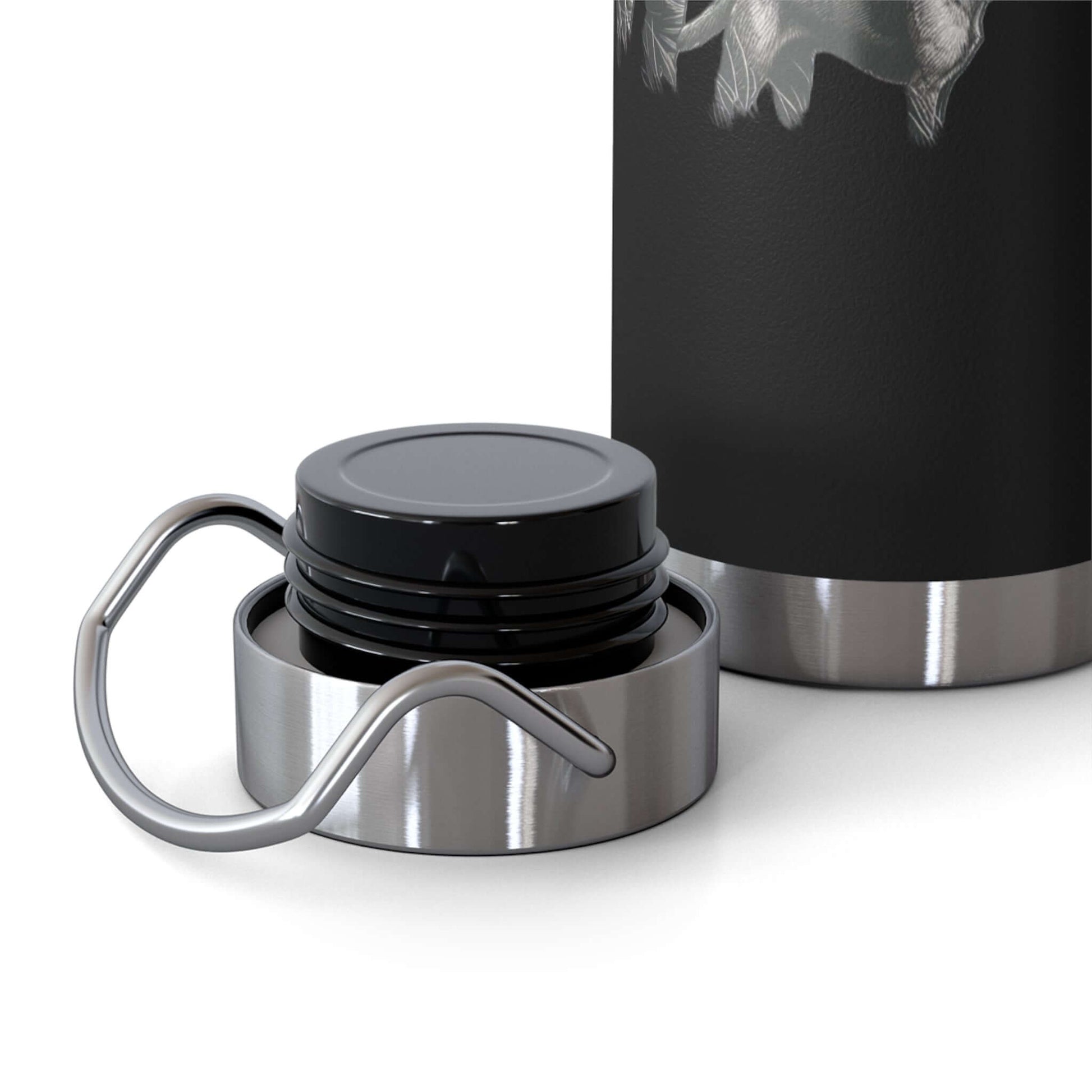 Close-up of a stainless steel, copper insulated bottle lid, perfect for outdoor adventures and personalized designs.