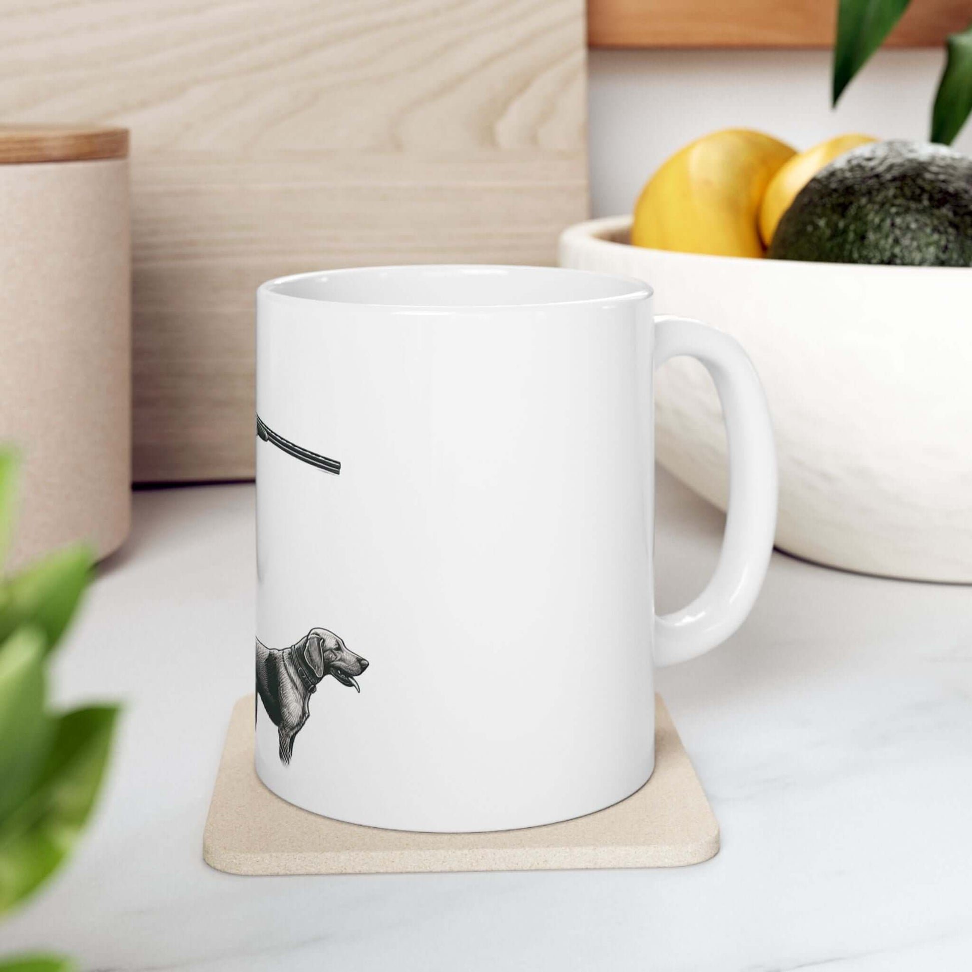Personalized white hunting mug featuring a dog design, perfect for outdoor enthusiasts and coffee lovers.