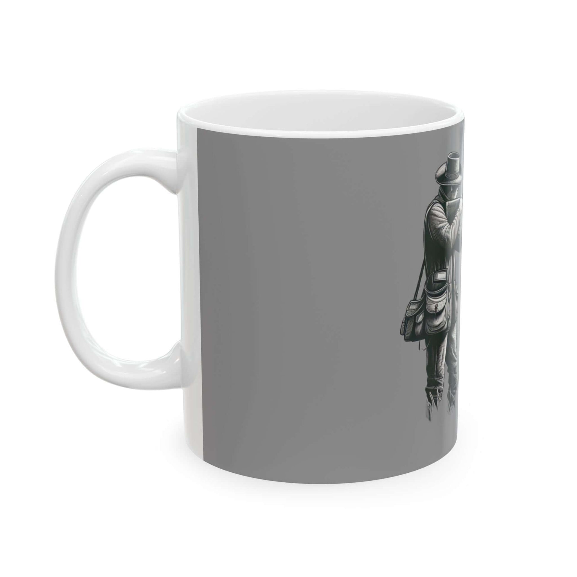 Personalized gray hunting mug featuring a rugged outdoor design for coffee lovers and adventurers.