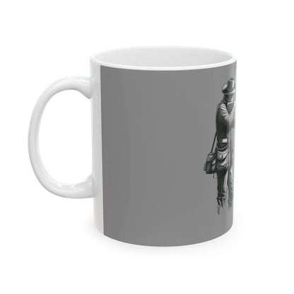 Personalized gray hunting mug featuring a rugged outdoor design for coffee lovers and adventurers.