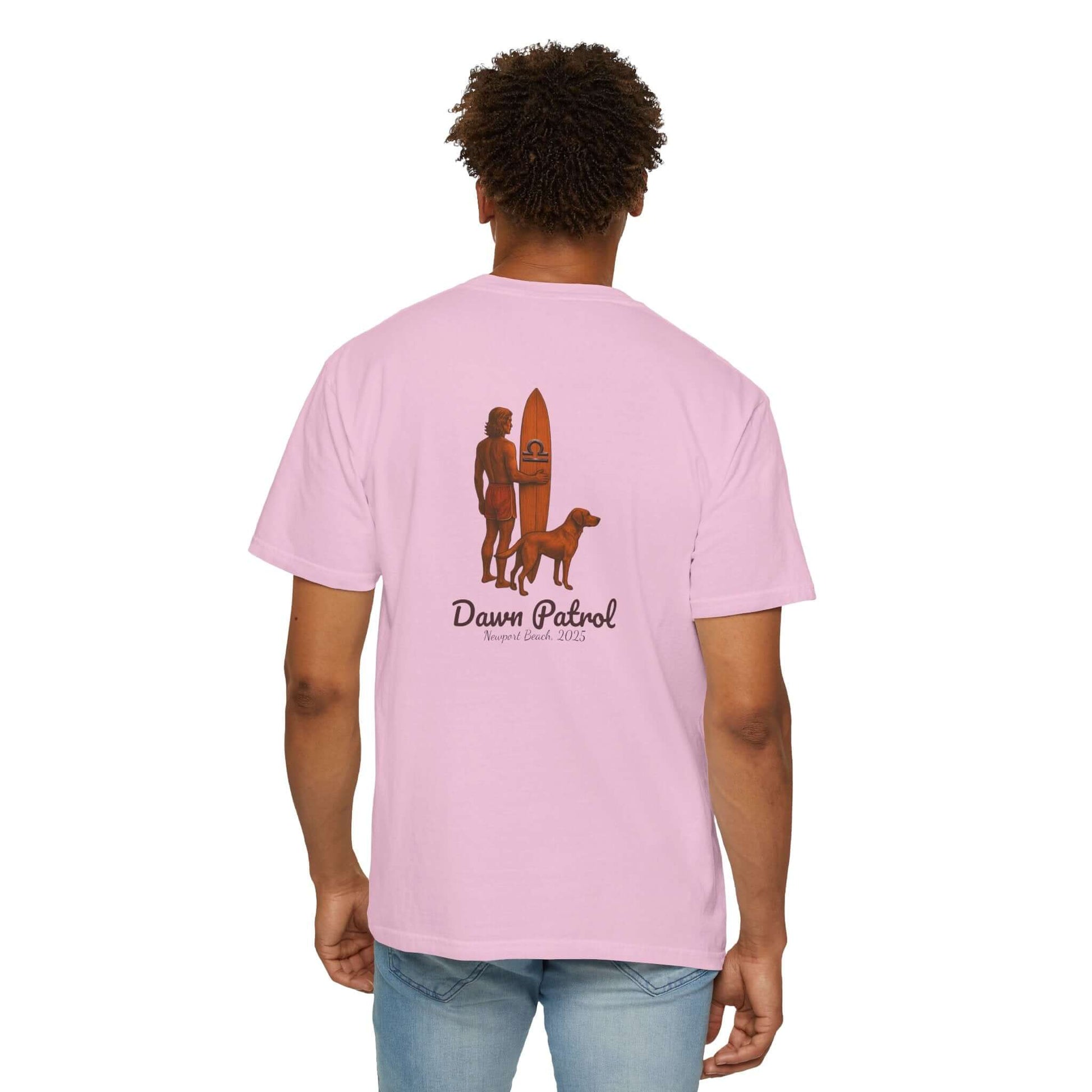 Back view of a pink personalized t-shirt featuring surfer illustration and text 'Dawn Patrol', perfect for beach lovers.
