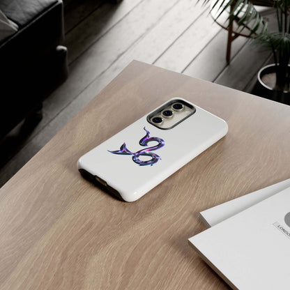 Personalized Zodiac phone case featuring a vibrant multi-color design, placed on a wooden surface.