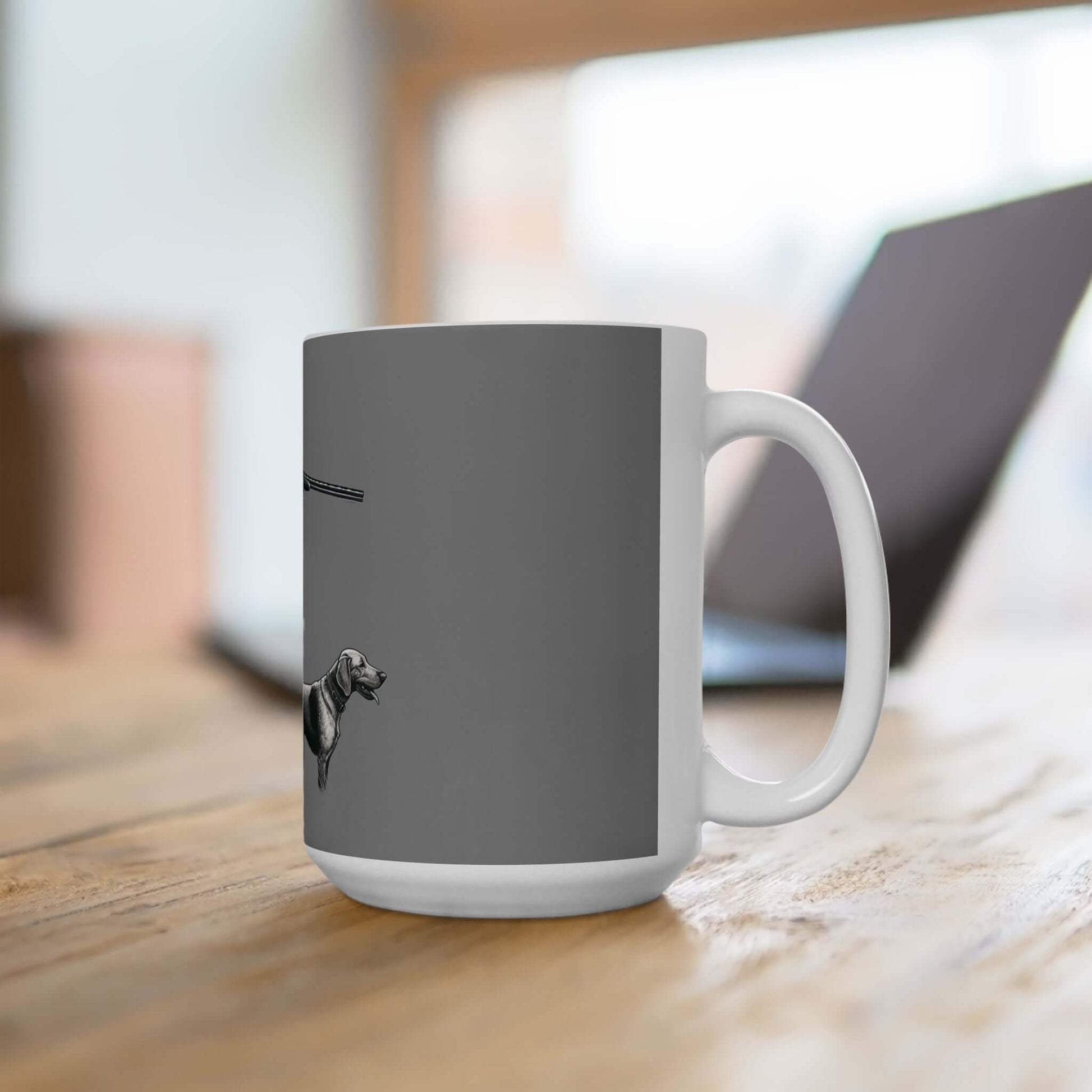 Personalized gray hunting enthusiast mug featuring a stylish design, perfect for coffee lovers and outdoor adventurers.