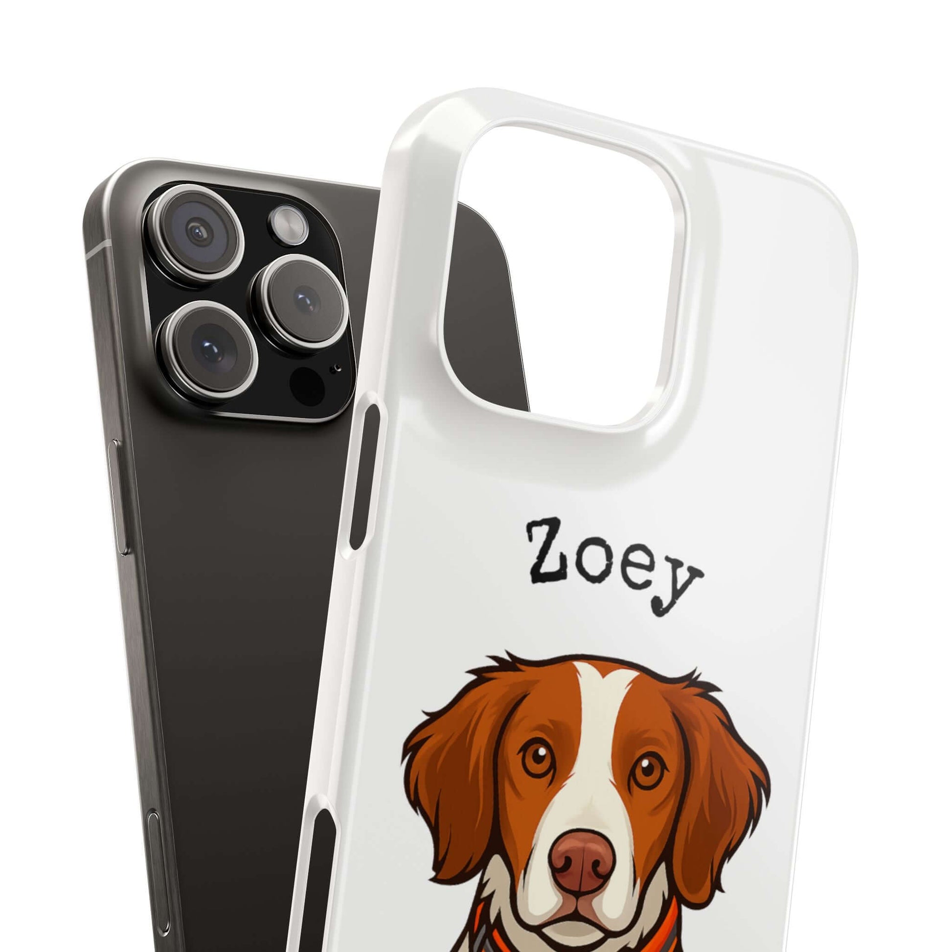 Custom cartoon dog phone case featuring a dog's portrait with the name 'Zoey' on a white background.