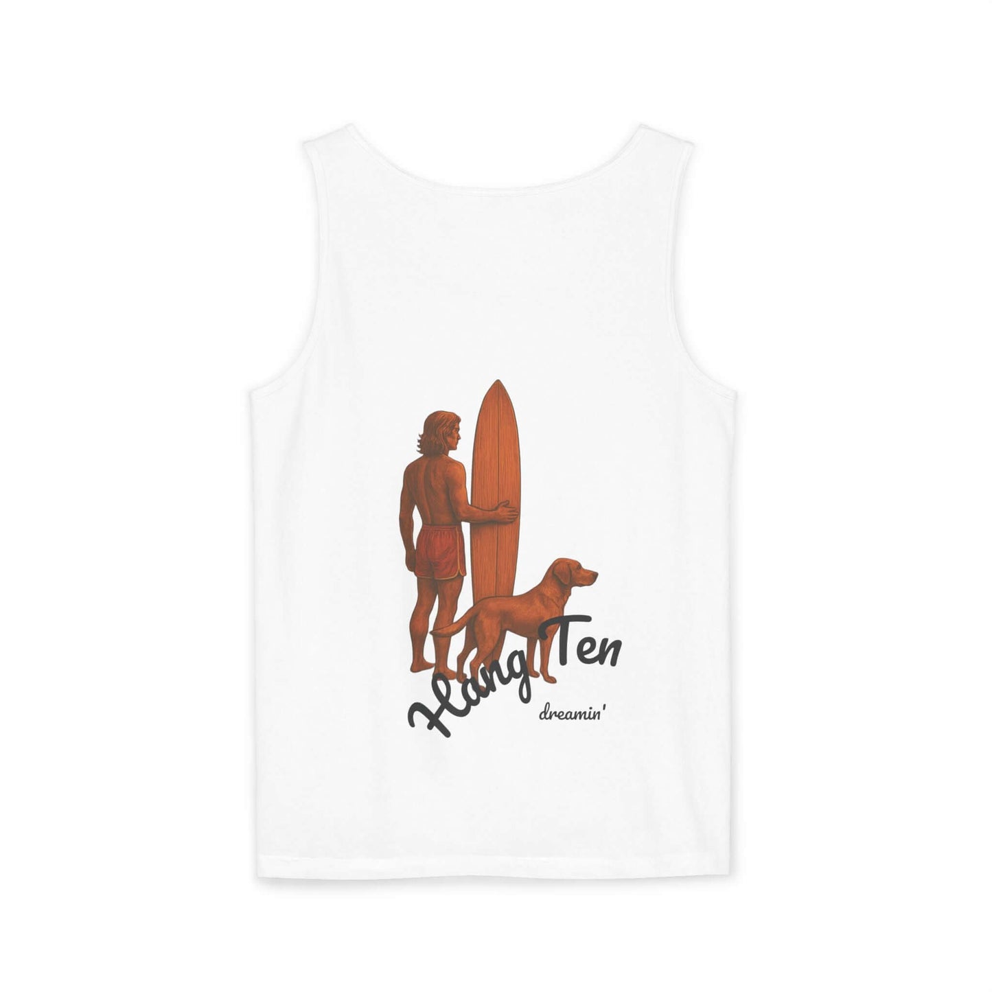 Personalized surfing tank top featuring a surfer and dog with 'Hang Ten' design, perfect for beach lovers.