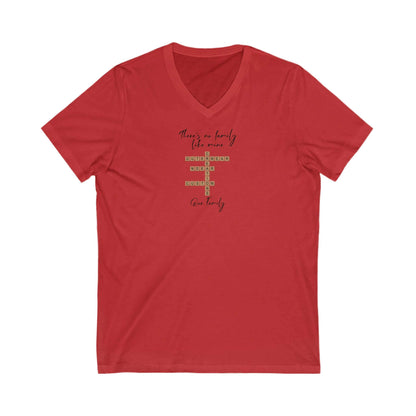 Customizable family quote t-shirt in red with a flattering v-neck and breathable cotton fabric.