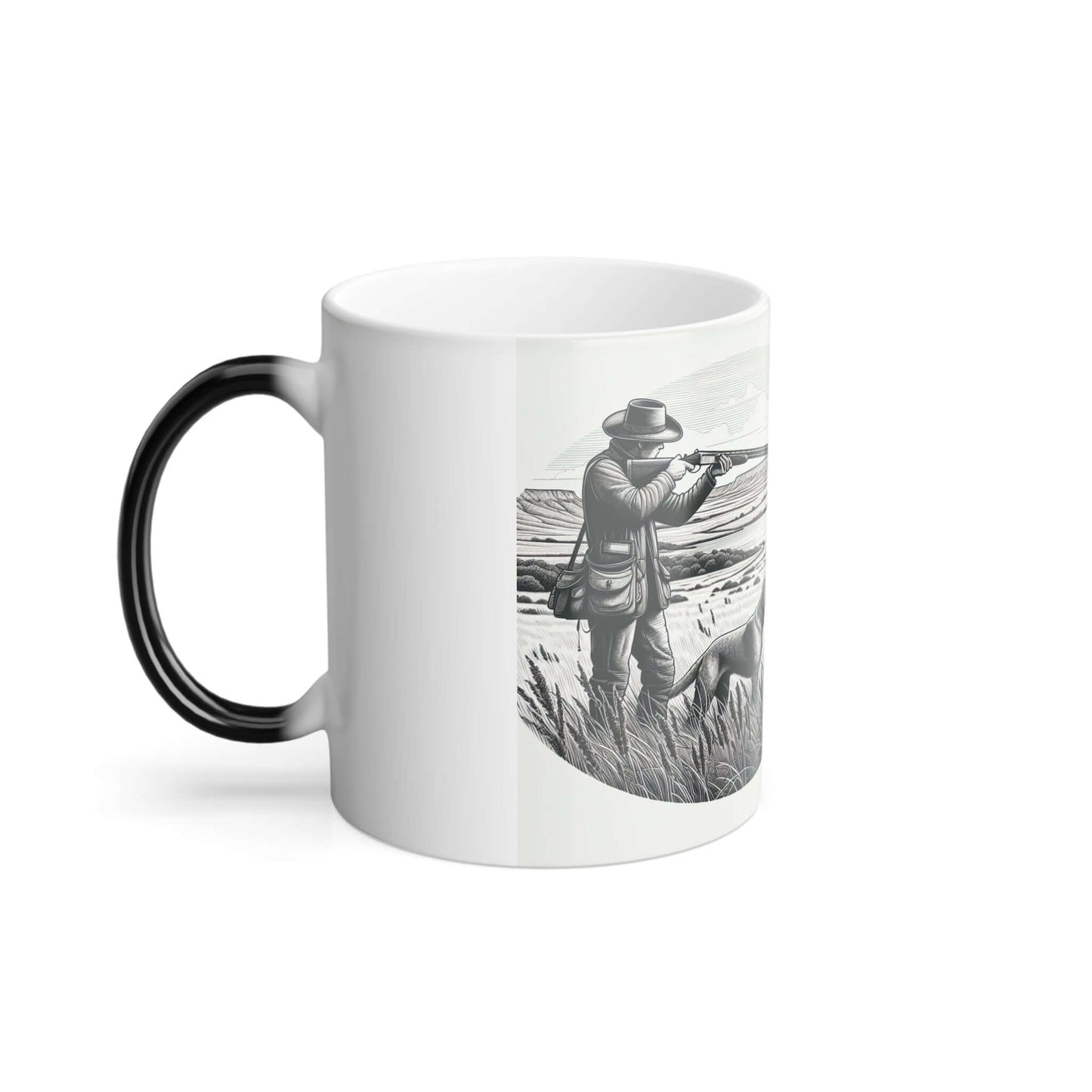 Black handle ceramic coffee mug featuring a vintage outdoorsman with a dog in a scenic landscape.