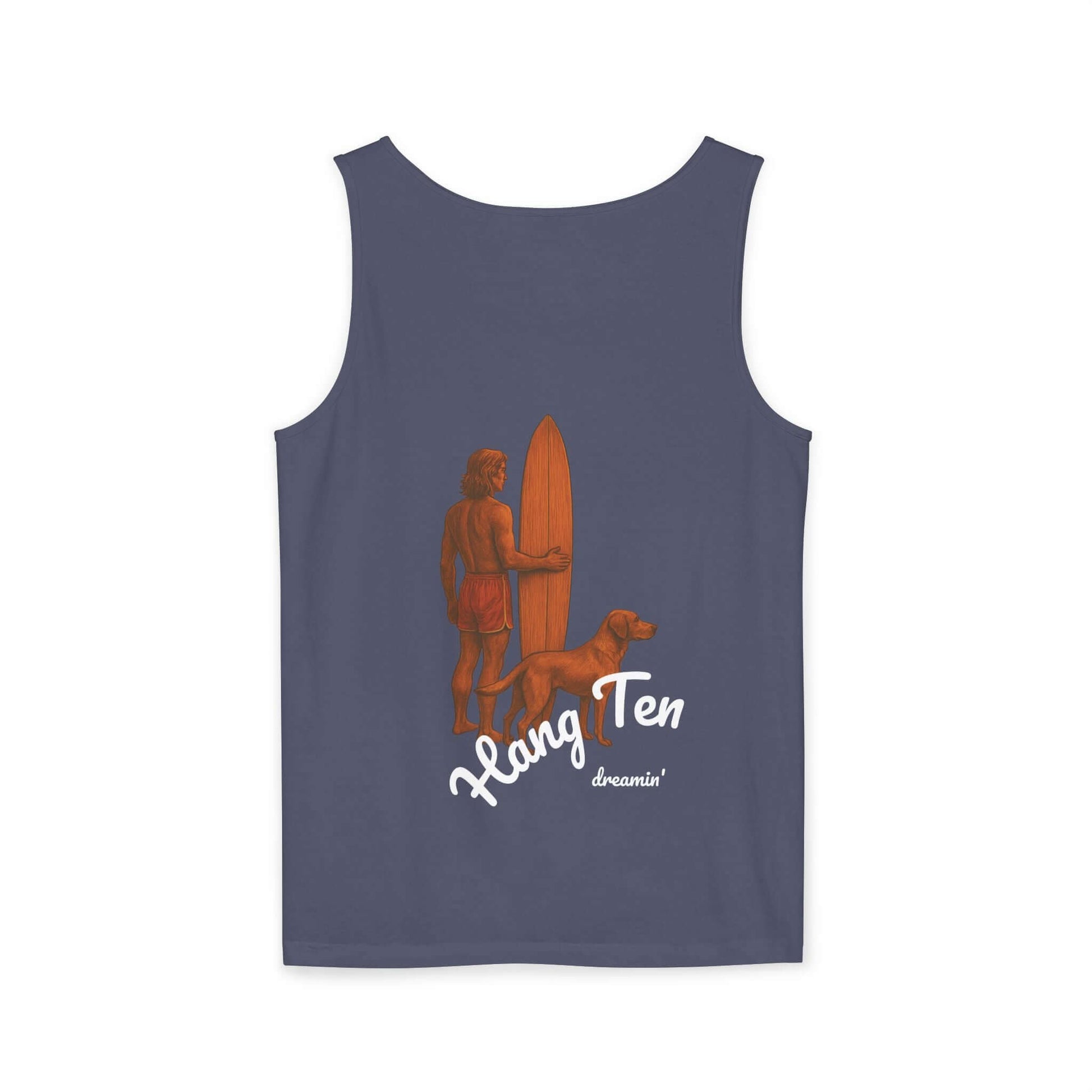 Personalized surfing tank top featuring a person with a surfboard and dog, perfect for beach lovers and adventurers.