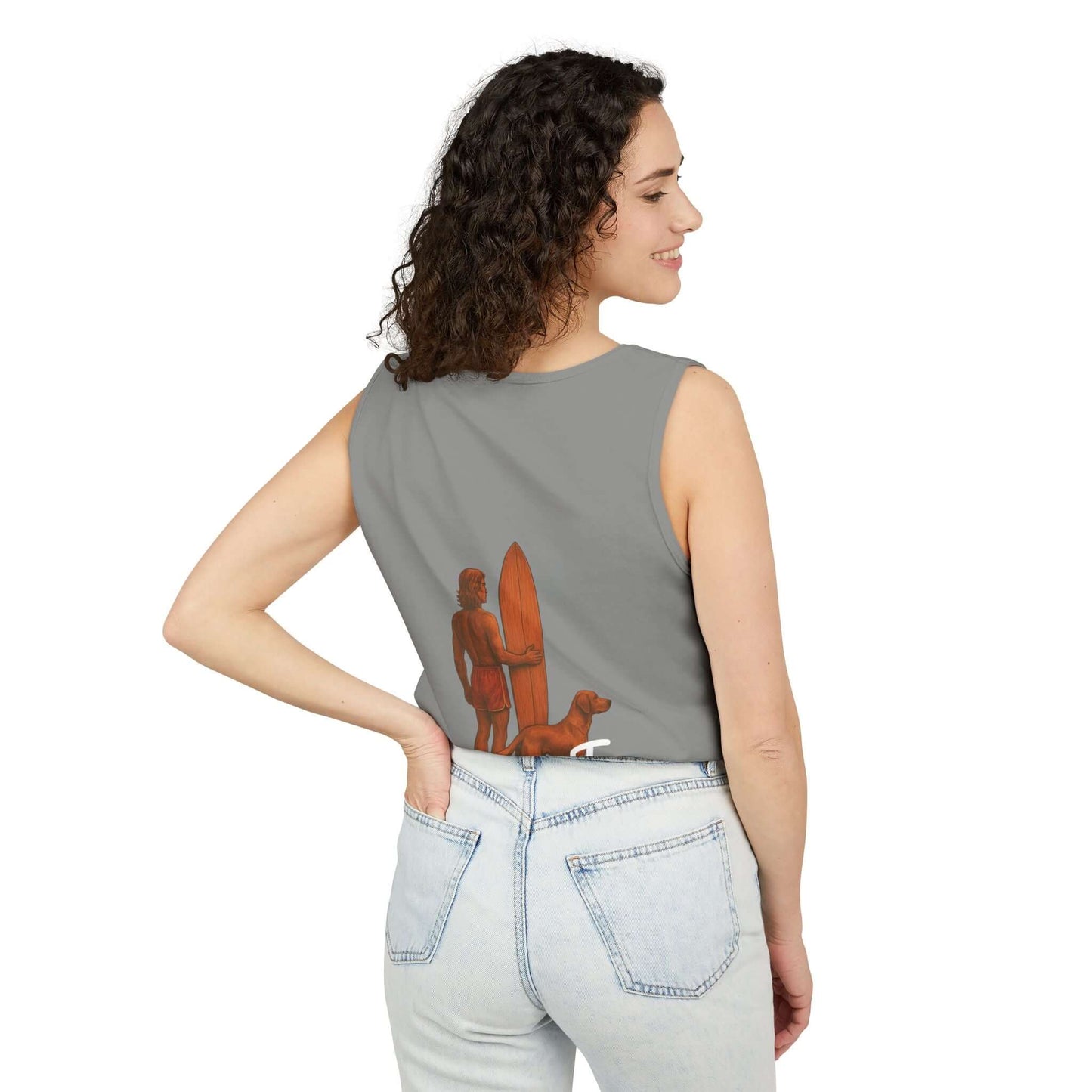 Woman wearing a personalized surfing tank top, featuring a surfer and dog design, perfect for beach lovers.