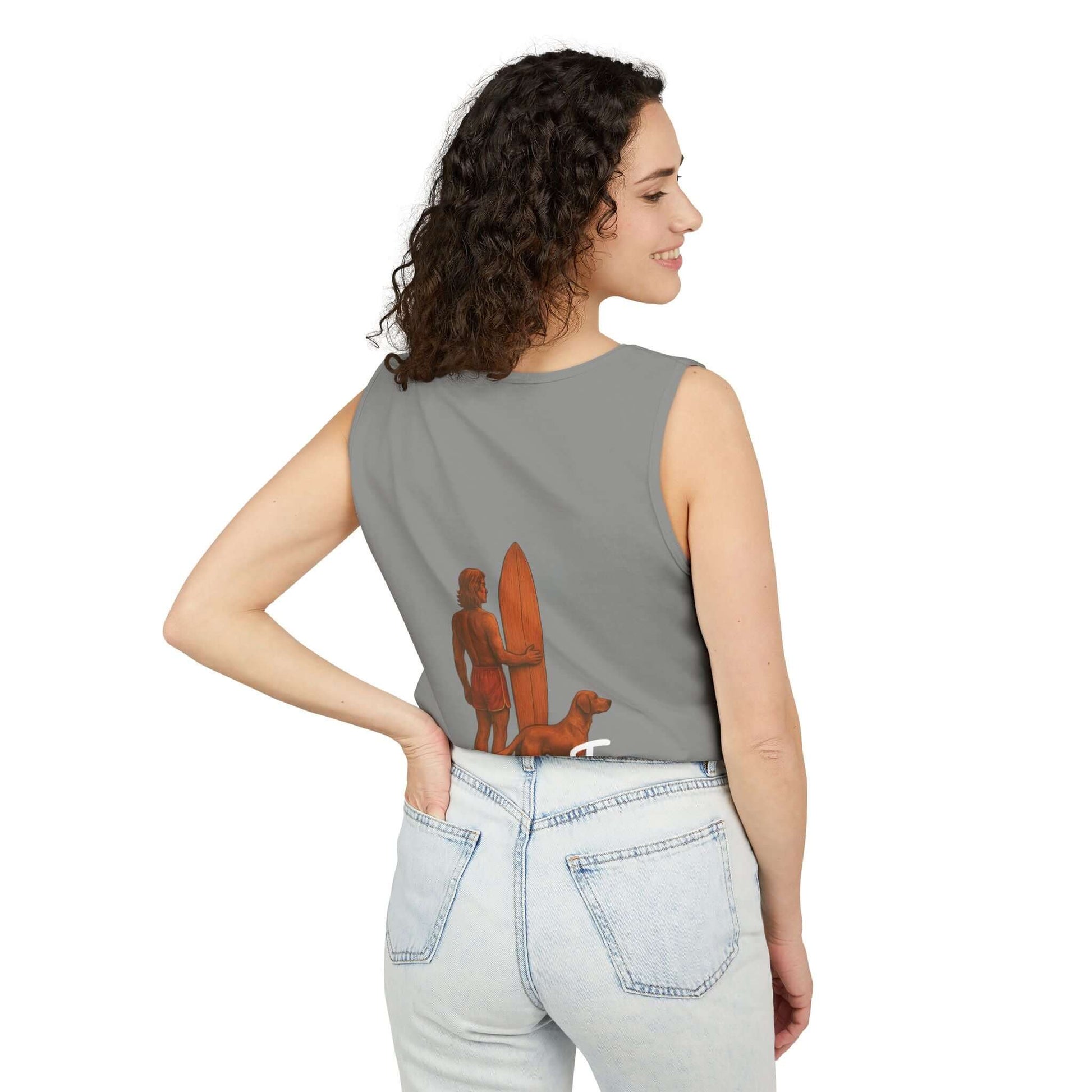 Woman wearing a personalized surfing tank top, featuring a surfer and dog design, perfect for beach lovers.