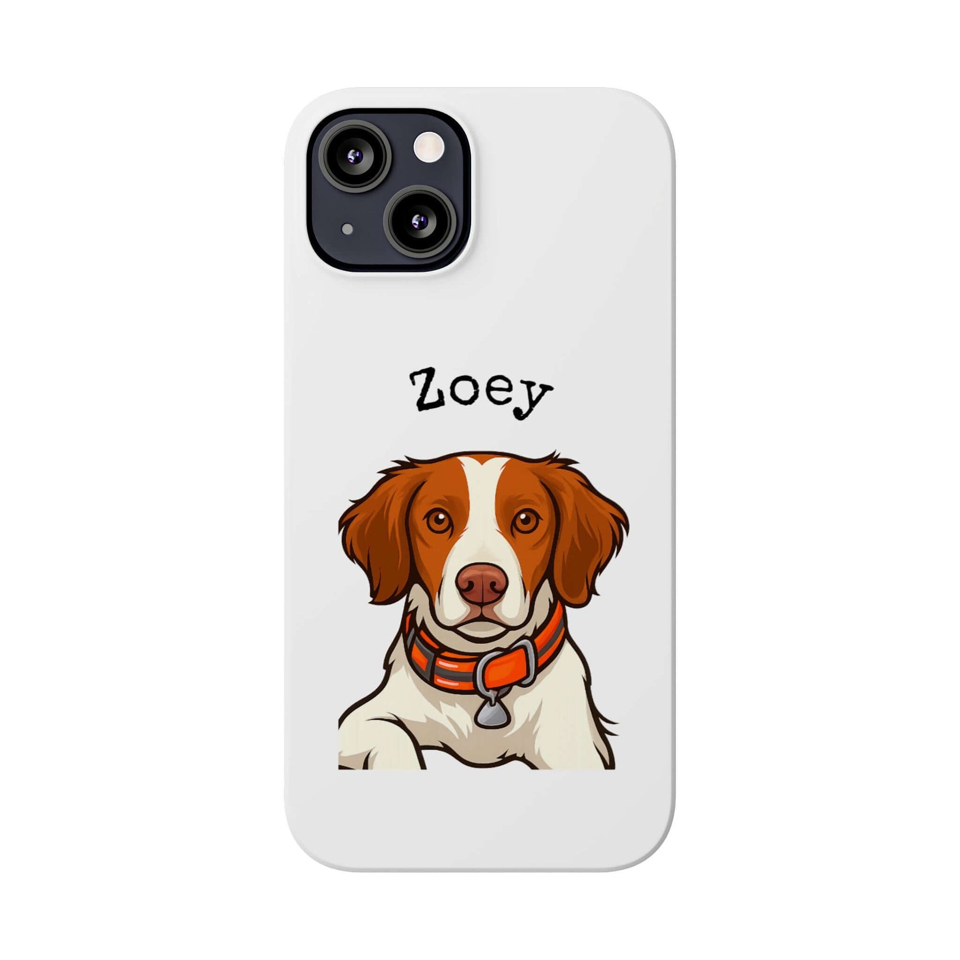 Custom cartoon phone case featuring a dog portrait named Zoey with a stylish and glossy finish.