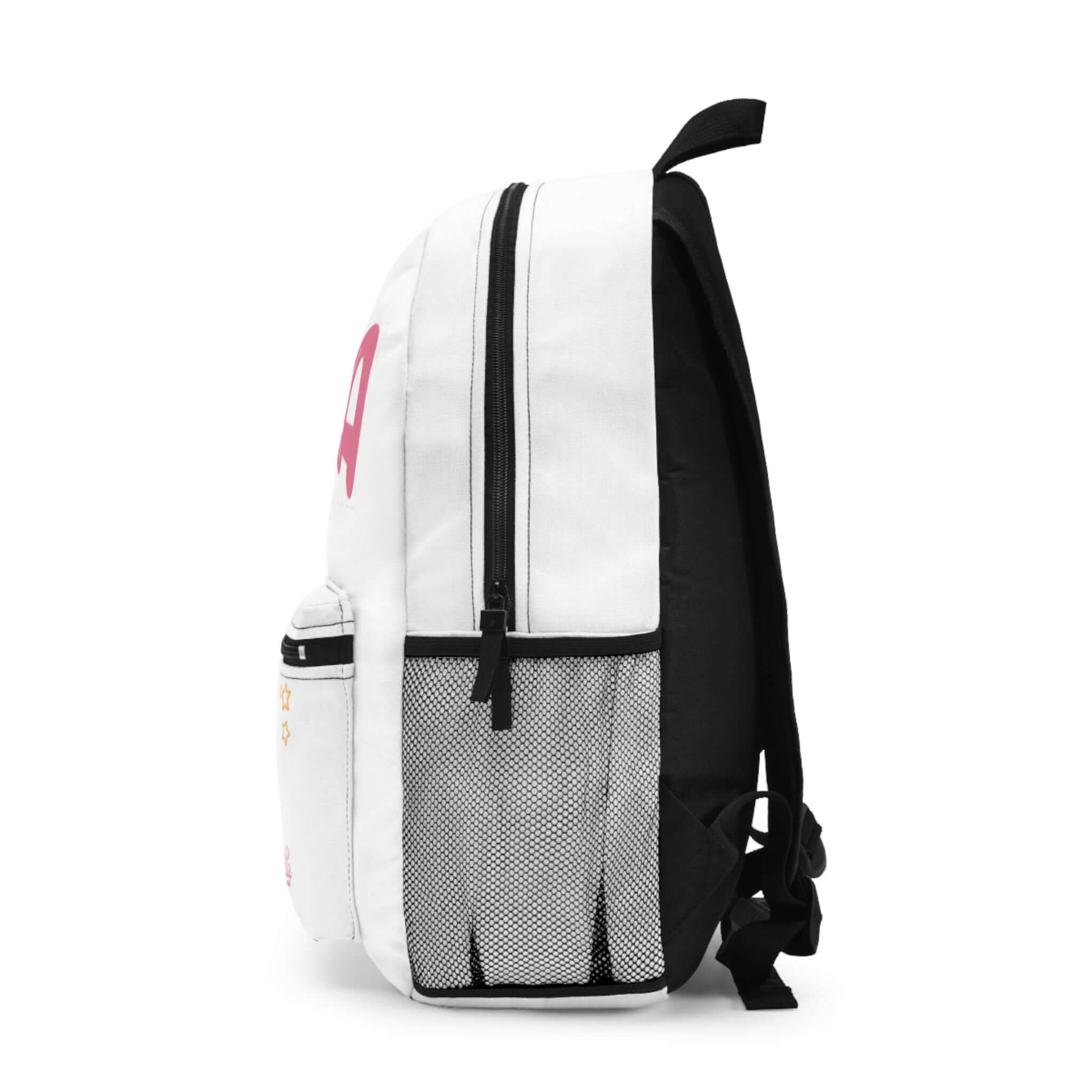 Personalized unicorn design kids backpack side view, ideal for preschool and elementary school adventures.