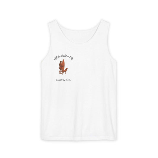 Personalized white tank top for dog lovers featuring surfing design, perfect for beachgoers and outdoor adventures.