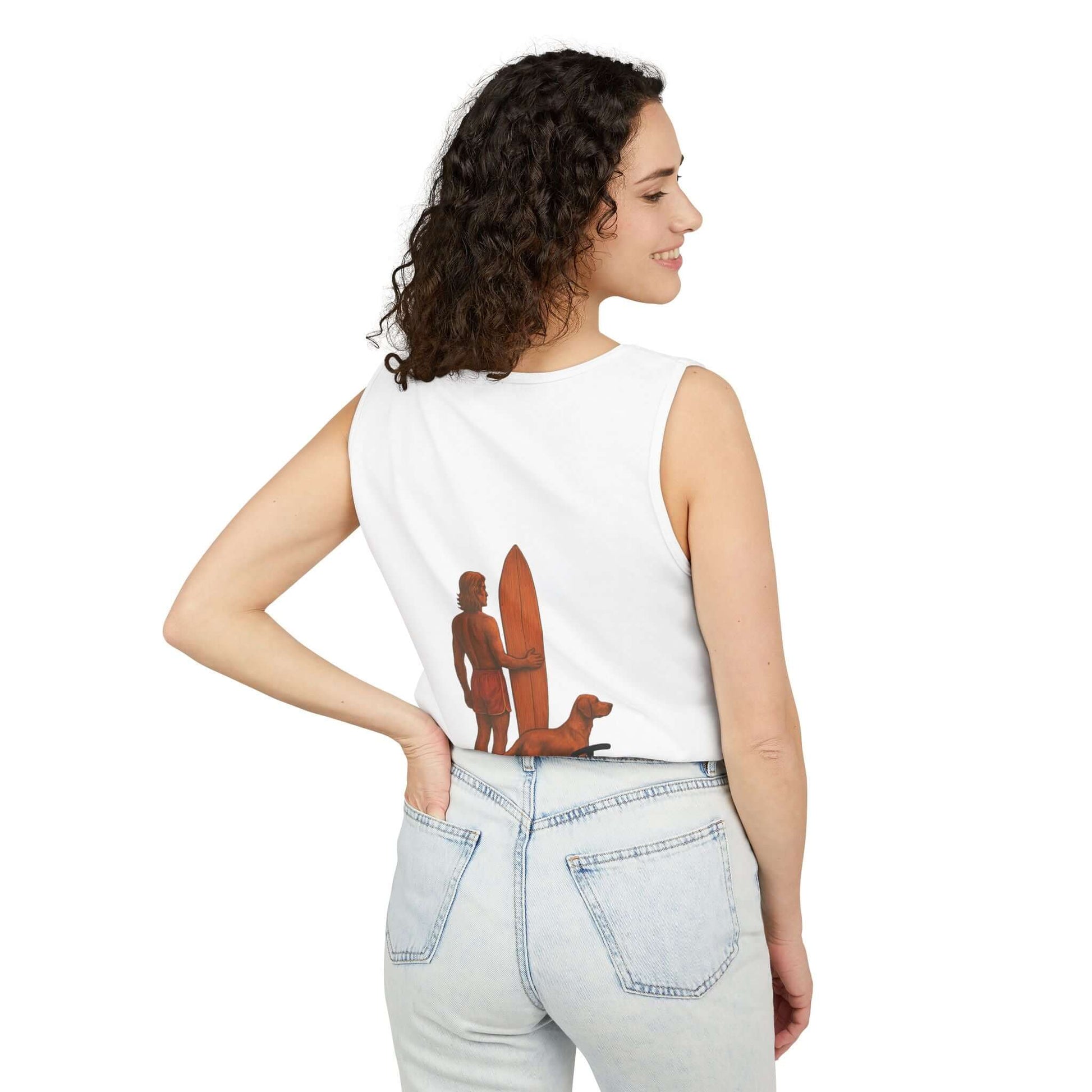Woman wearing a personalized surfing tank top with a surfboard and dog design on the back.