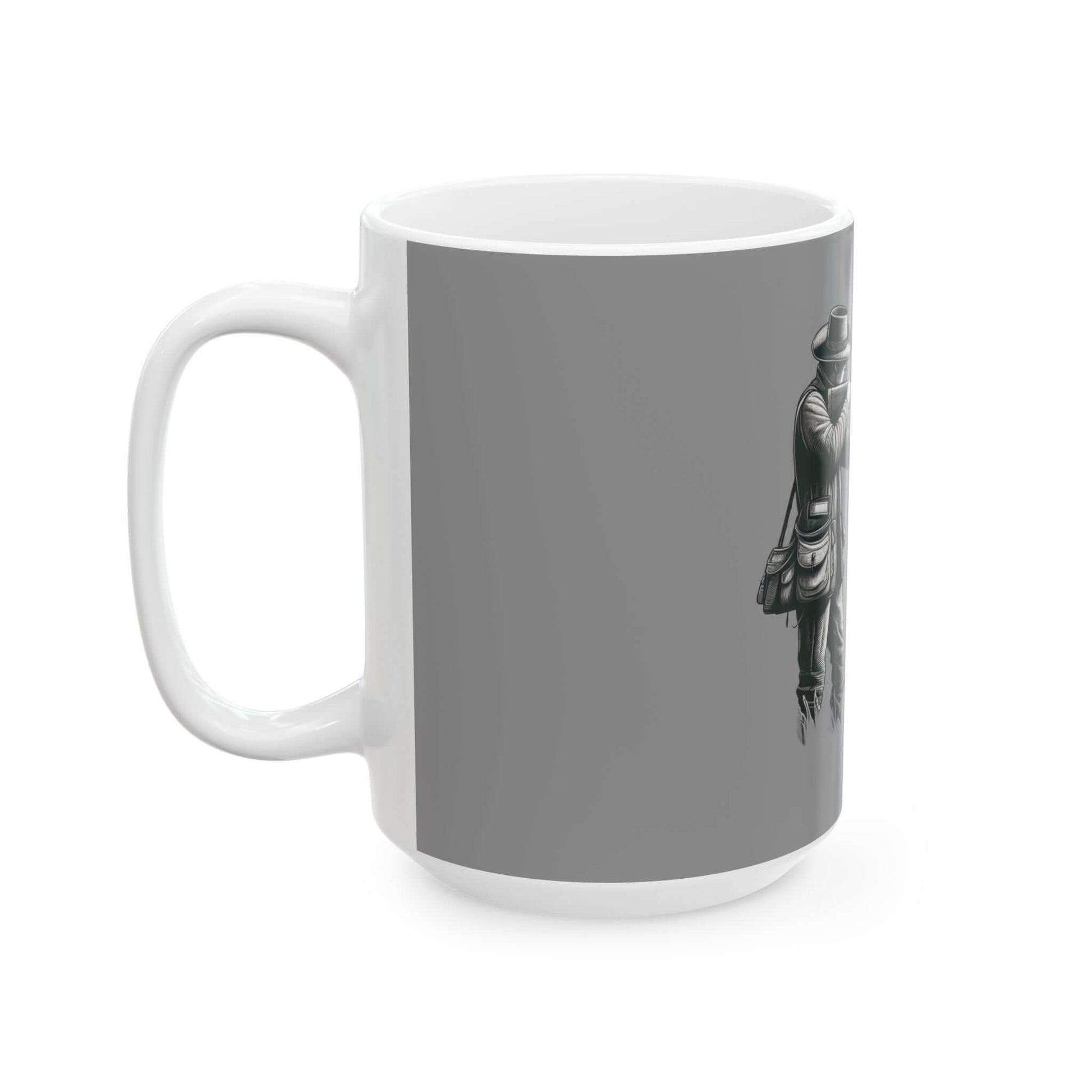 Personalized gray hunting mug for coffee lovers, featuring rugged outdoor design, perfect gift for adventurers.