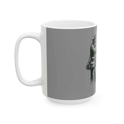 Personalized gray hunting mug for coffee lovers, featuring rugged outdoor design, perfect gift for adventurers.