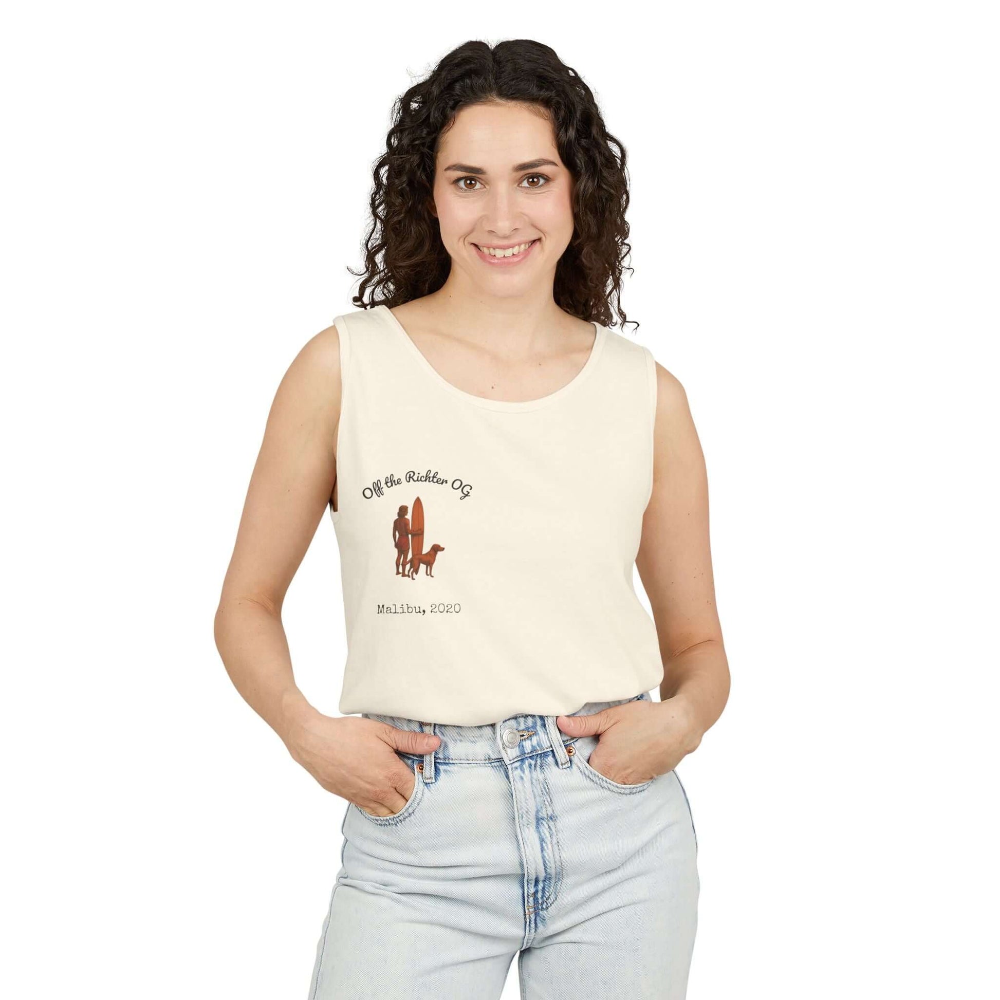 Woman wearing a personalized surfing tank top featuring dogs and summer vibes, perfect for beach lovers.