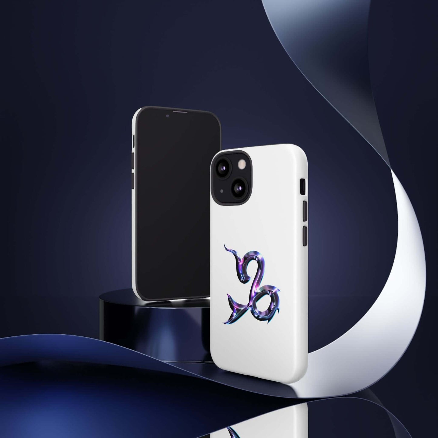 Stylish personalized zodiac phone case featuring a vibrant multi-color Capricorn design on a sleek white background.