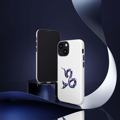 Stylish personalized zodiac phone case featuring a vibrant multi-color Capricorn design on a sleek white background.