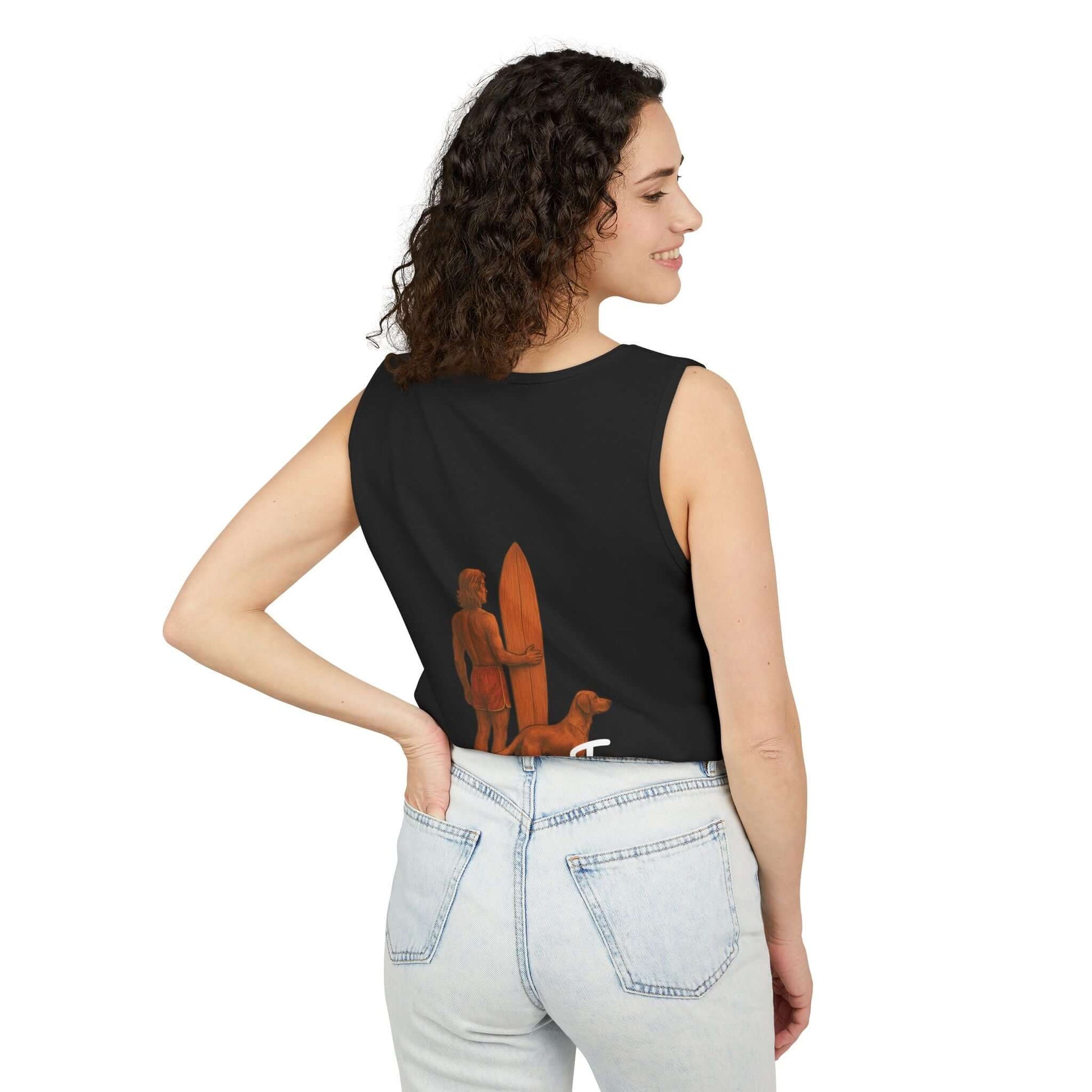 Woman wearing a personalized surfing tank top with a vintage surfer graphic on a black background.