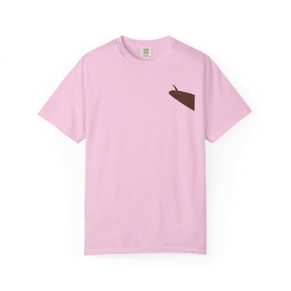 Pink personalized t-shirt featuring a unique brown design on the chest, perfect for casual wear.
