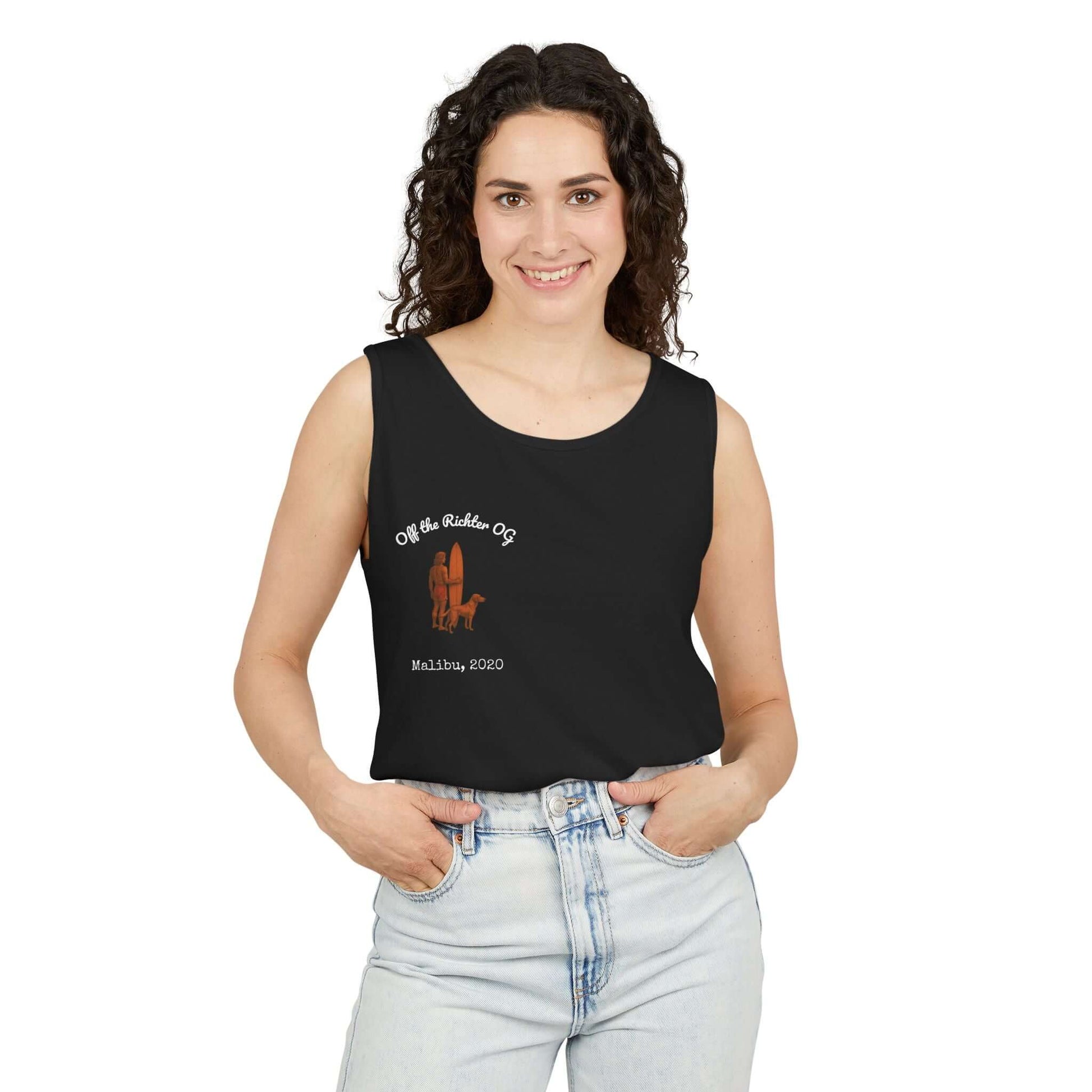 Stylish black personalized tank top featuring dog and surfing design, perfect for beach lovers.