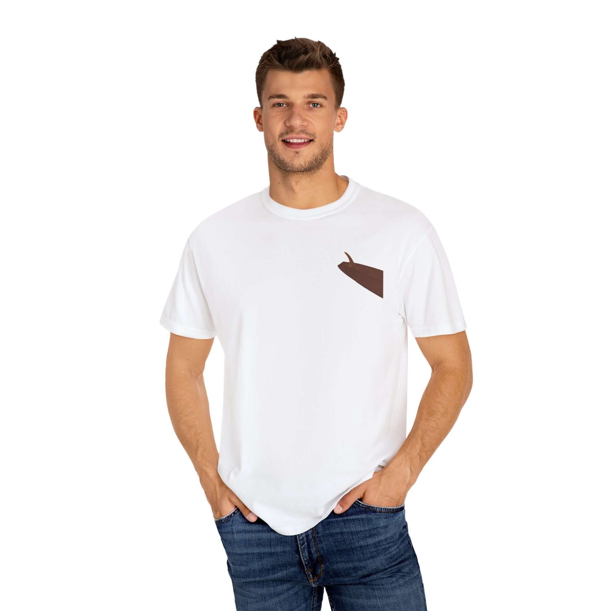 Man wearing a white personalized t-shirt with a brown pocket design, showcasing casual style and comfort.