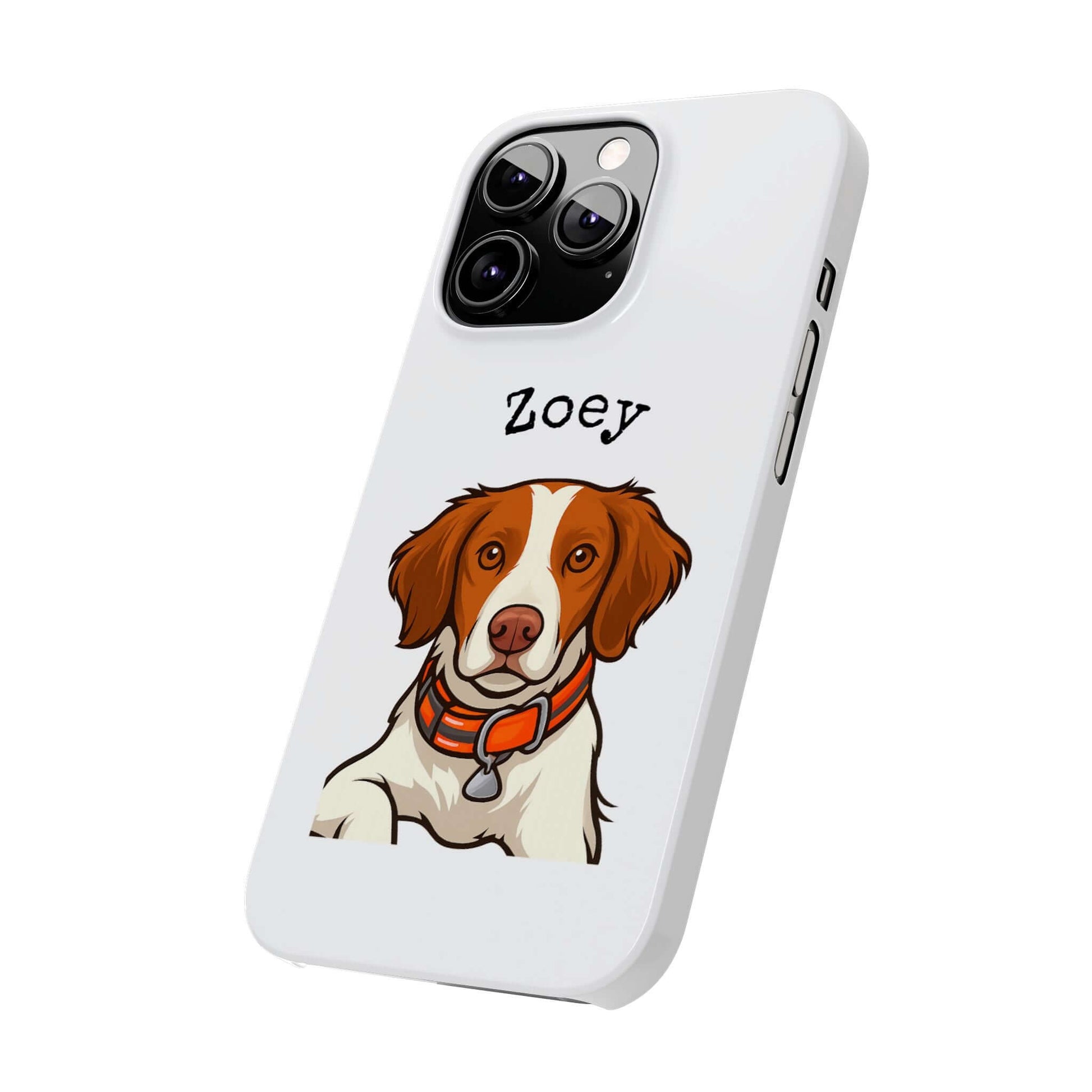 Custom cartoon dog phone case featuring a cartoonized pup named Zoey with a glossy finish.
