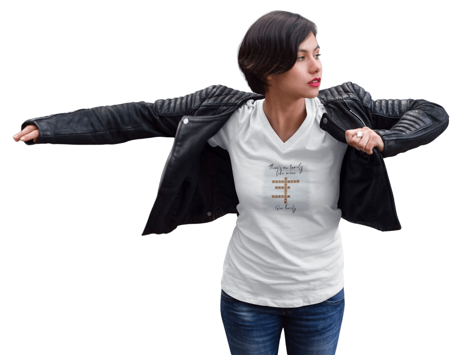 Woman in a v-neck customizable family quote t-shirt, wearing a black leather jacket, expressing joy.