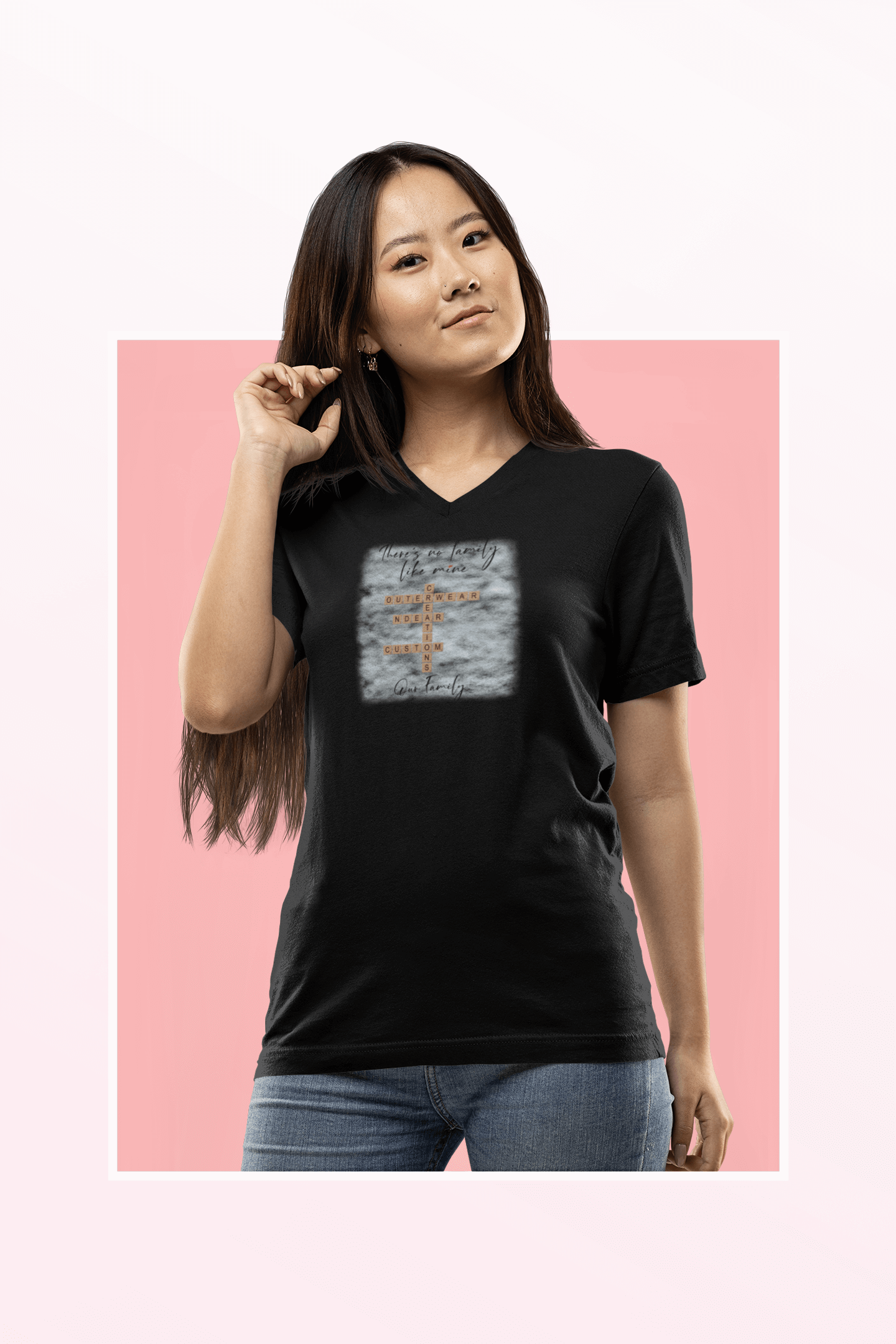 Customizable family quote t-shirt on a woman, featuring a v-neck design in breathable cotton fabric.