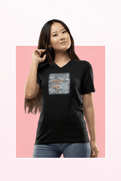 Customizable family quote t-shirt on a woman, featuring a v-neck design in breathable cotton fabric.