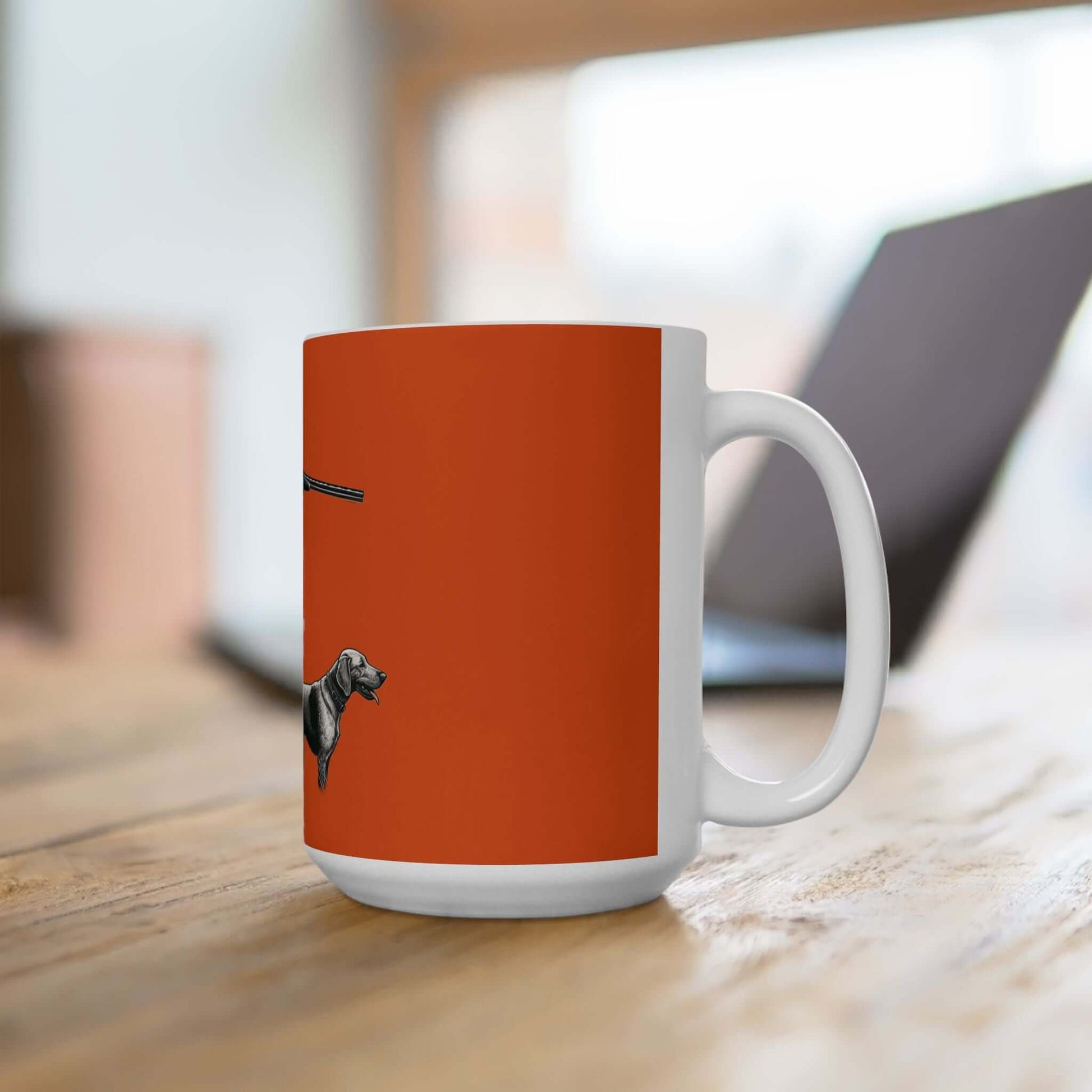 Personalized orange hunting mug featuring a stylish design, perfect for coffee lovers and outdoor enthusiasts.
