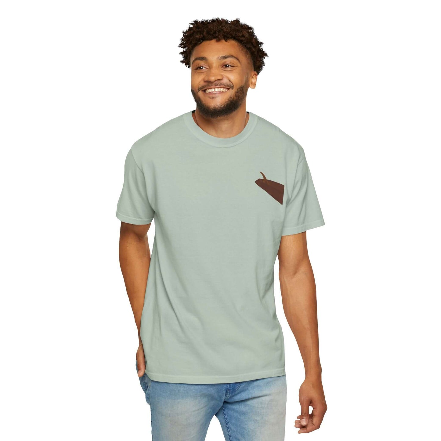 Man wearing a mint green personalized surf-inspired t-shirt with a unique design on the pocket.